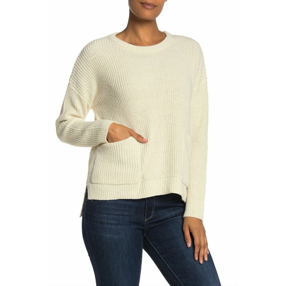 Melloday Pullover Sweater Top Size M Slit Hem Two Pocket Wool Blend Ivory NWT B2
